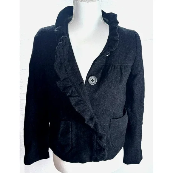 J CREW Jacket 100% Wool Ruffles‎ Preppy Black Academia Womens Sz 0 XS/Small - Picture 2 of 11